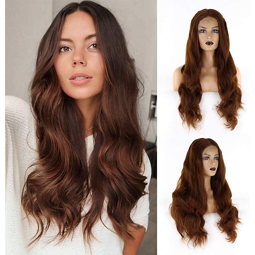 

Dark Brown Wig Long Body Wave Synthetic Lace Front Wigs for Women Middle Part Hanc Tied Glueless Long Wavy Cosplay Wig Heat Resistant Fiber Daily Wear