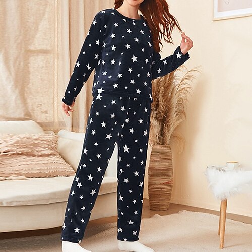 

Women's Pajamas Winter Sets Nighty Pjs 2 Pieces Star Comfort Soft Plush Home Daily Bed Flannel Warm Crew Neck Long Sleeve Pant Winter Fall Navy Blue