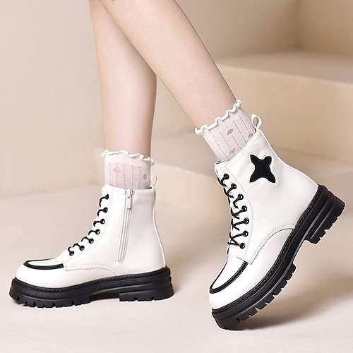 

Women's Boots Daily Combat Boots Plus Size Booties Ankle Boots Winter Chunky Heel Round Toe Casual PU Leather Lace-up Black White