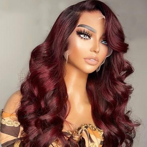 

Remy Human Hair 13x4 Lace Front Wig Side Part Peruvian Hair Wavy Burgundy Wig 130% 150% Density with Baby Hair Natural Hairline 100% Virgin Glueless Pre-Plucked For wigs for black women Long Human