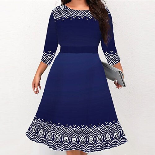 

Women's Plus Size Work Dress Floral Round Neck 3/4 Length Sleeve Fall Winter Stylish Work Midi Dress Vacation Going out Dress
