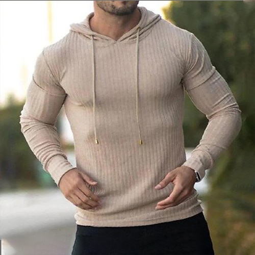 

Men's Pullover Hoodie Sweatshirt Khaki Hooded Solid Color Sports Outdoor Daily Sports Basic Cool Designer Fall Spring Clothing Apparel Hoodies Sweatshirts Long Sleeve