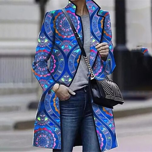 

Women's Winter Coat Warm Breathable Outdoor Street Holiday Going out Pocket Print Cardigan Turndown Fashion Comfortable Street Style Flower Regular Fit Outerwear Long Sleeve Winter Fall Blue Dark Blue
