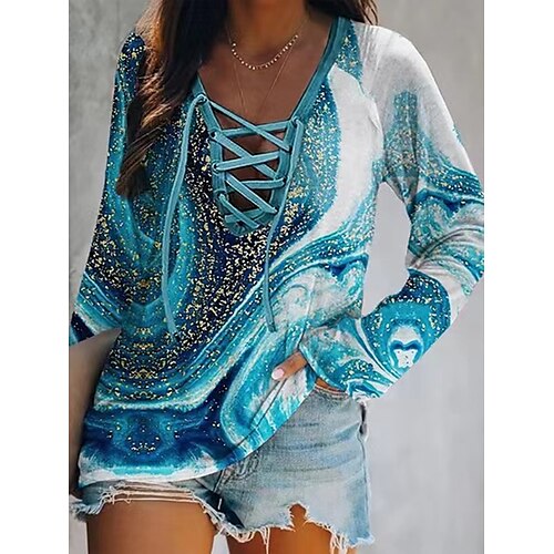 

Women's Blouse Shirt Blue Graphic Abstract Lace up Print Long Sleeve Streetwear Casual V Neck Regular S / 3D Print