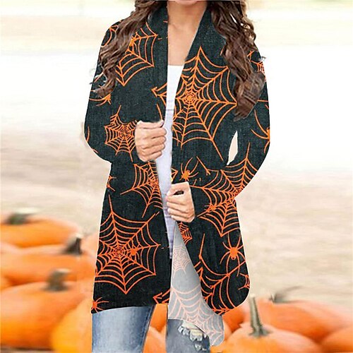 

Women's Casual Jacket Warm Breathable Halloween Daily Wear Vacation Going out Print Open Front Collarless Active Comfortable Street Style Halloween Animal Regular Fit Outerwear Long Sleeve Winter Fall