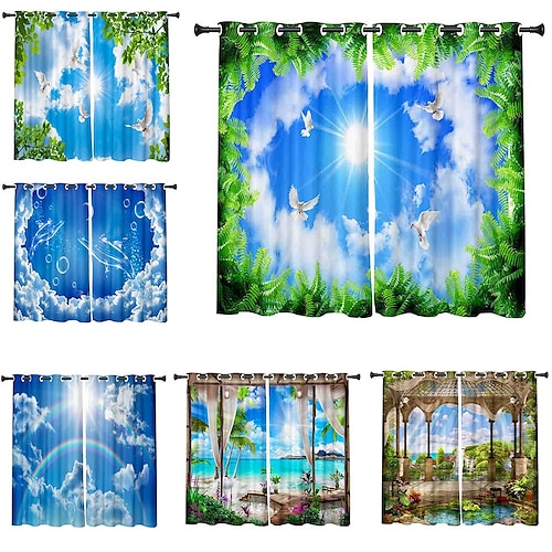 

3D Print Blackout Curtain Feather Print Curtain Drapes for Living Room Thermal Insulated Grommet Window Curtains for Bedroom 1 set / PVC Bag Natural scenery Woods Trees Towers