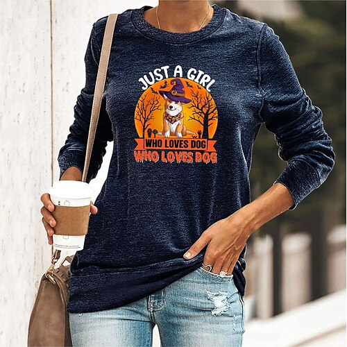 

Women's T shirt Tee Green Blue Yellow Dog Letter Print Long Sleeve Halloween Casual Basic Round Neck Regular Cotton Floral S