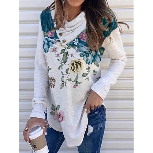 

Women's T shirt Tee Green Blue Yellow Floral Button Print Long Sleeve Holiday Weekend Basic V Neck Long Floral Painting S / 3D Print
