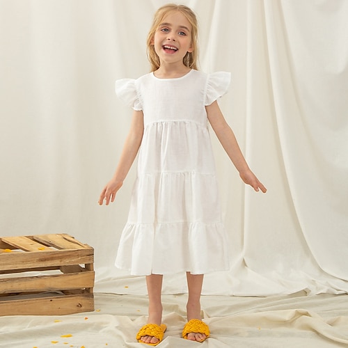 

Kids Little Girls' Dress Solid Colored A Line Dress Daily Vacation White Midi Short Sleeve Princess Beautiful Dresses Spring Summer Regular Fit 2-6 Years