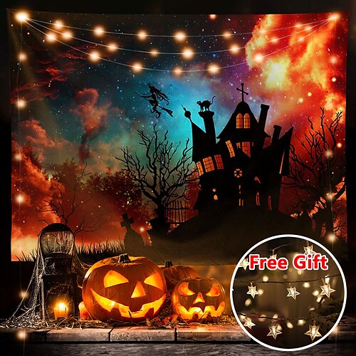 

Halloween Party Wall Tapestry Art Decor Blanket Curtain Hanging Home Bedroom Living Room Decoration Polyester Ghost Pumpkin Graveyard Bat Witch(with LED String Lights)