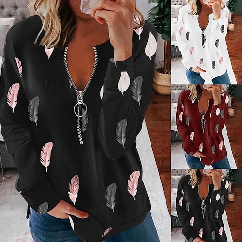 

Women's T shirt Tee Zipper Feather Basic V Neck Standard Spring Red White Black