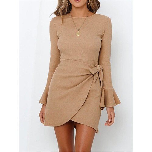 

Women's Sheath Dress Black Dress Black Pink Wine Long Sleeve Pure Color Lace up Winter Fall Autumn Crew Neck Modern Winter Dress Fall Dress Slim 2022 S M L XL
