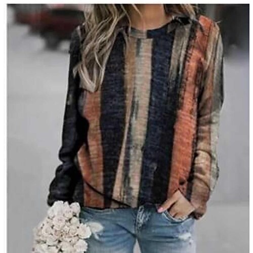 

Women's Blouse Shirt Orange Red Color Block Tie Dye Print Long Sleeve Casual Weekend Streetwear Casual Round Neck Regular S / 3D Print