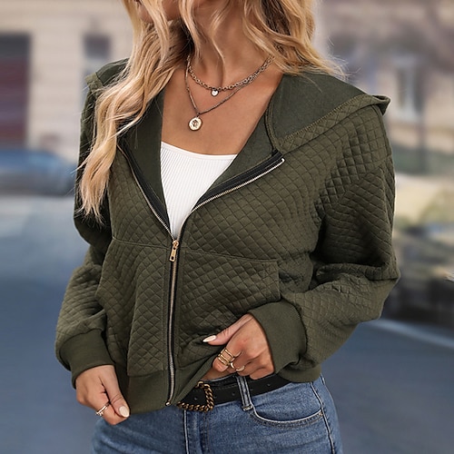 

Women's Casual Jacket Windproof Warm School Outdoor Street Sport Zipper Pocket Zipper Hoodie Preppy Style Solid Color Regular Fit Outerwear Long Sleeve Winter Fall Army Green S M L XL