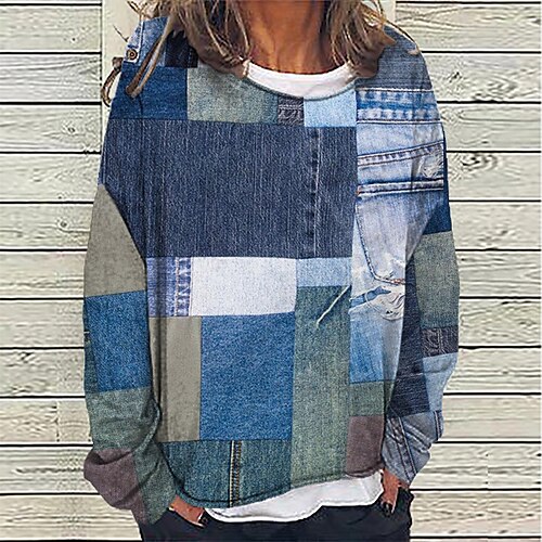 

Women's Sweatshirt Pullover Color Block Print Daily Sports 3D Print Active Streetwear Hoodies Sweatshirts Loose Fit Blue