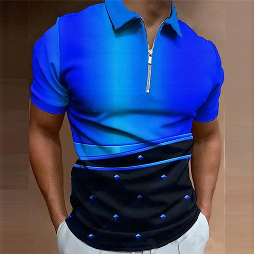 

Men's Collar Polo Shirt Golf Shirt Optical Illusion Turndown Blue 3D Print Outdoor Street Short Sleeves Zipper Print Clothing Apparel Fashion Designer Casual Breathable / Summer / Spring / Summer
