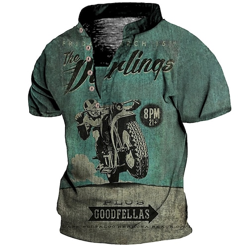 

Men's T shirt Tee Henley Shirt Tee Graphic Motorcycle Stand Collar Blue Brown 3D Print Plus Size Outdoor Daily Short Sleeve Button-Down Print Clothing Apparel Basic Designer Casual Big and Tall