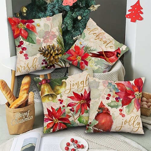 

Christmas Poinsettia Double Side Cushion Cover 4PC Soft Decorative Square Cushion Case Pillowcase for Bedroom Livingroom Sofa Couch Chair Superior Quality Machine Washable