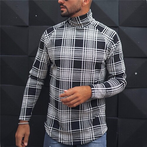 

Men's T shirt Tee Graphic Lattice Tartan Turtleneck Gray 3D Print Work Street Long Sleeve Print Clothing Apparel Basic Streetwear Designer Comfortable