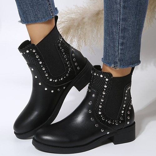 

Women's Boots Daily Plus Size Booties Ankle Boots Winter Low Heel Round Toe Casual PU Leather Loafer Solid Colored Black