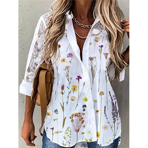 

Women's Blouse Shirt Green Blue Purple Floral Lace Print Long Sleeve Holiday Weekend Streetwear Casual Shirt Collar Regular Floral S / 3D Print