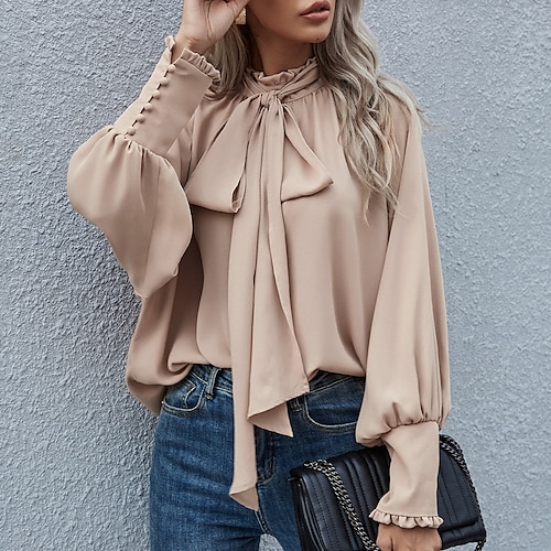 

Women's Blouse Shirt Wine Khaki Black Plain Pleated Patchwork Long Sleeve Casual Holiday Elegant Casual High Neck Long Loose Fit Boho Lantern Sleeve S