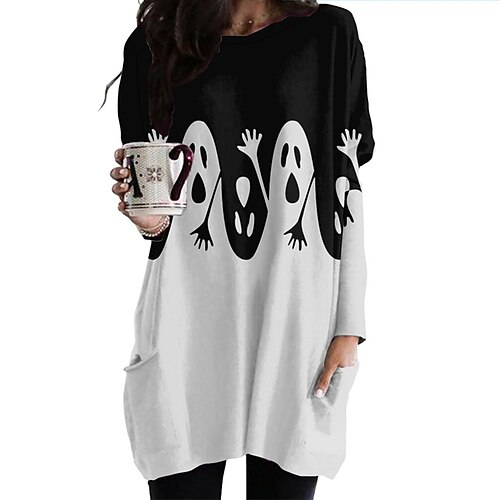 

Women's T Shirt Dress Tee Dress Shift Dress Short Mini Dress Black Long Sleeve Ghost Pocket Print Fall Winter Crew Neck Fashion Modern 2022 XS S M L XL XXL 3XL 4XL 5XL 6XL