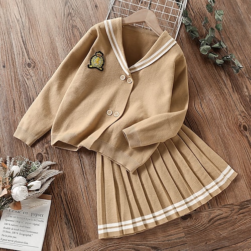 

2 Pieces Kids Girls' Back to School Clothing Set Outfit Solid Color Long Sleeve Pleated Cotton Set School Preppy Style Sweet Winter Fall 3-12 Years Khaki