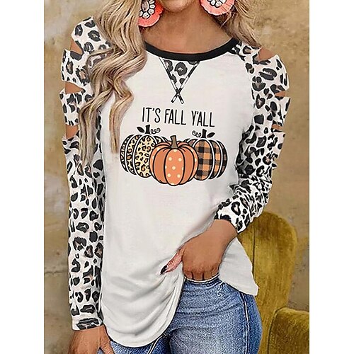 

Women's T shirt Tee White Black Leopard Pumpkin Cut Out Print Long Sleeve Halloween Weekend Basic Round Neck Regular Painting S / 3D Print