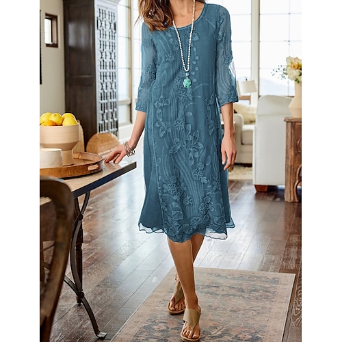 Women's Party Dress Lace Dress Midi Dress Black Dusty Blue Green 3/4 Length Sleeve Floral Embroidered Winter Fall Spring Crew Neck Modern Daily Vacation 2023 S M L XL 2XL 3XL, lightinthebox  - buy with discount