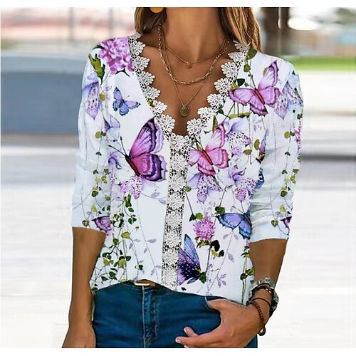 

Women's Blouse Shirt Graphic Floral Daily Going out Weekend Blouse Shirt Long Sleeve Print V Neck Casual Loose Fit Black Blue Pink S