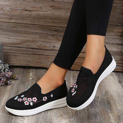 

Women's Slip-Ons Daily Comfort Shoes Flat Heel Round Toe Casual Minimalism Knit Loafer Color Block Black Rosy Pink Gray