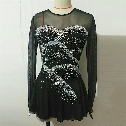 

Figure Skating Dress Women's Girls' Ice Skating Dress Black Thumbhole Spandex High Elasticity Training Competition Skating Wear Handmade Crystal / Rhinestone Long Sleeve Ice Skating Figure Skating