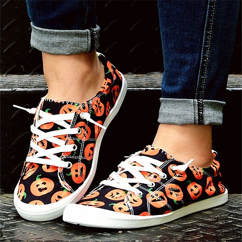 

Women's Sneakers Halloween Daily Animal Print Plus Size Lace-up Flat Heel Round Toe Casual Cotton Elastic Band Color Block Black