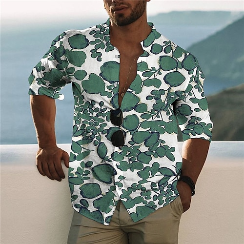 

Men's Shirt Leaves Stand Collar Green 3D Print Outdoor Street Long Sleeve Button-Down Print Clothing Apparel Fashion Designer Casual Breathable