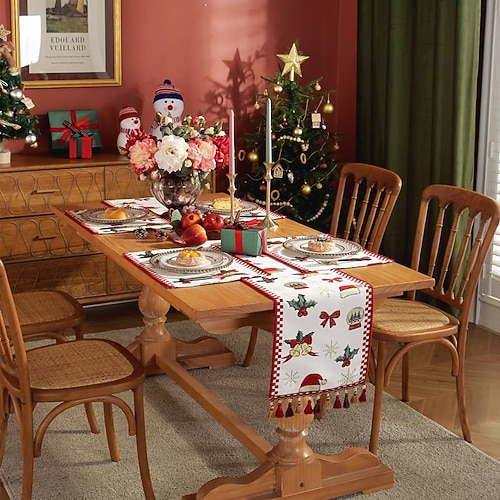 

Christmas Table Runner with Tassel Christmas Decoration Table Runner Embroidery Snowflake Jacquard Table Linens Washable Wrinkle Resistant Washable Table Runners for Party Dinner, Dining Room