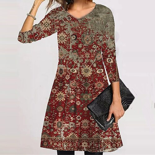 

Women's Casual Dress Sheath Dress Wine Khaki Gray Long Sleeve Print Winter Fall Autumn V Neck Winter Dress Fall Dress 2022 S M L XL XXL 3XL 4XL 5XL
