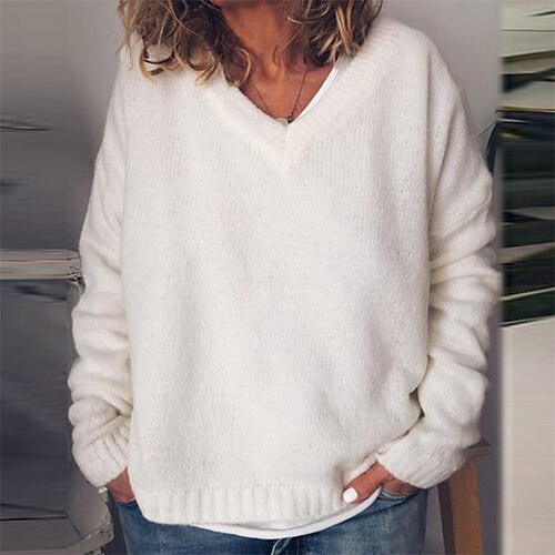 

Women's Pullover Sweater Jumper Ribbed Knit Knitted Pure Color V Neck Stylish Casual Outdoor Daily Fall Winter White Pink S M L / Long Sleeve