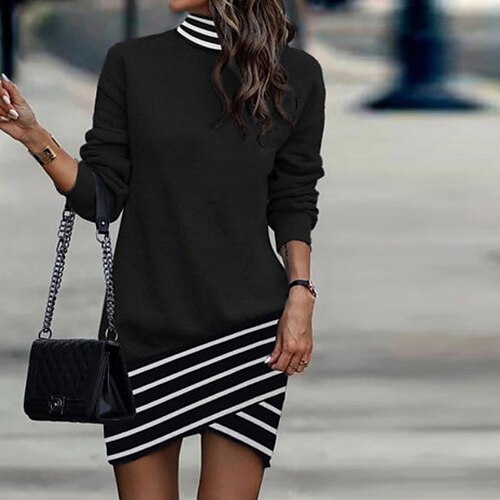 

Women's Sweatshirt Dress Winter Dress Black Long Sleeve Line Print Winter Fall Turtleneck Stylish Casual Fall Dress 2022 S M L XL 2XL 3XL