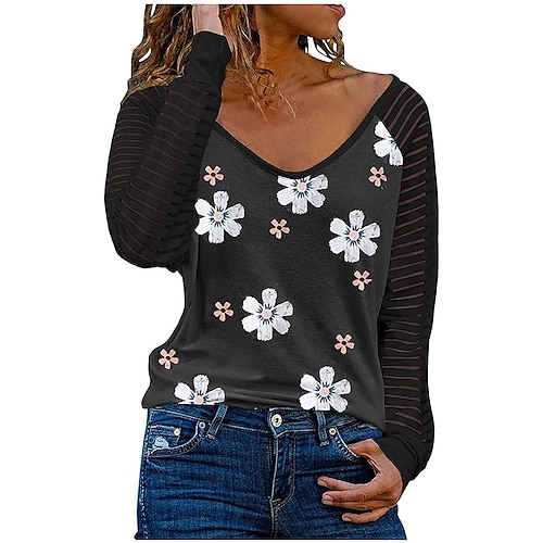 

Women's T shirt Tee Blue Khaki Gray Leaf Leopard Print Long Sleeve Holiday Weekend Basic V Neck Regular Floral Painting S / 3D Print