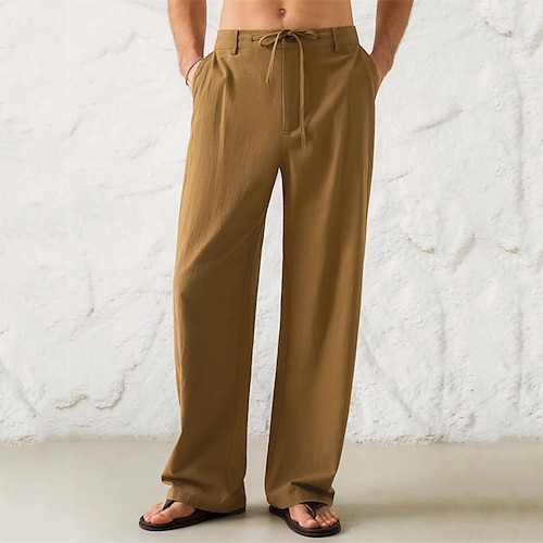 

Homens Calças de linho Calças Calça verão Calças de praia Com Cordão Perna larga Bolso frontal Tecido Conforto Macio Casual Diário Misto de Algodão e Linho Moda Roupa de rua Preto Branco