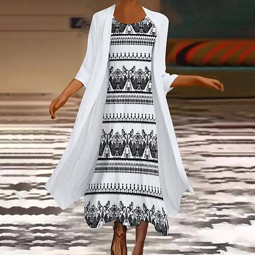 

Women's Two Piece Dress Maxi long Dress White Long Sleeve Color Block Print Fall Winter Crew Neck Stylish Modern 2022 S M L XL XXL 3XL 4XL 5XL