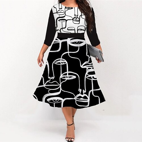 

Women's Plus Size Work Dress Abstract Crew Neck 3/4 Length Sleeve Fall Winter Work Elegant Midi Dress Formal Going out Dress