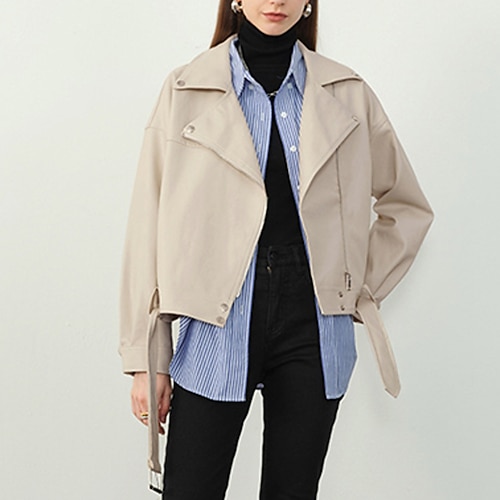 

Women's Faux Leather Jacket Windproof Warm Outdoor Street Daily Vacation Zipper Pocket Zipper Turndown Casual Street Style Solid Color Regular Fit Outerwear Long Sleeve Winter Fall Black Beige S M L