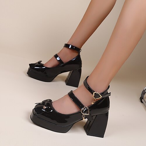 

Women's Heels Chunky Heel Round Toe PU Leather Ankle Strap Black