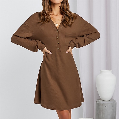 

Women's ArmyGreen Black khaki Long Sleeve Pure Color Button Winter Fall Autumn V Neck Fashion Winter Dress Fall Dress Loose Fit 2022 S M L XL