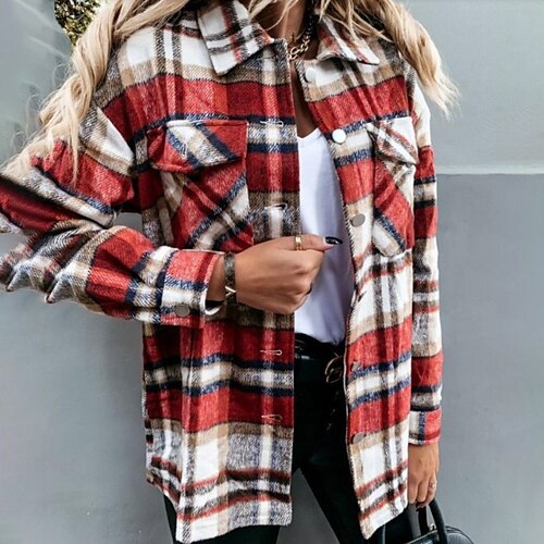 

Women's Casual Jacket Warm Breathable Outdoor Going out Casual Daily Weekend Pocket Single Breasted Turndown Active Street Style Shacket Plaid Regular Fit Outerwear Long Sleeve Winter Fall Pink