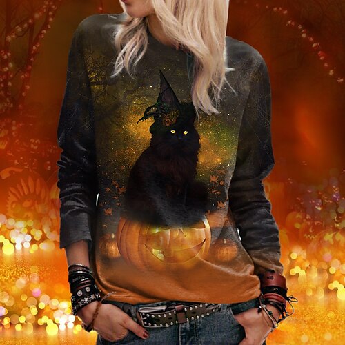 

Women's Sweatshirt Pullover Active Streetwear Halloween Print Orange Cat Pumpkin Daily Round Neck Long Sleeve S M L XL XXL 3XL