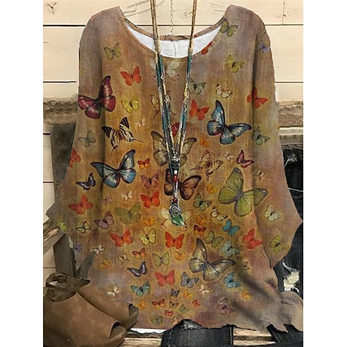 

Women's Plus Size Tops Blouse Shirt Animal Butterfly Print Long Sleeve Crewneck Vintage Casual Daily Vacation Polyester Fall Winter White Black