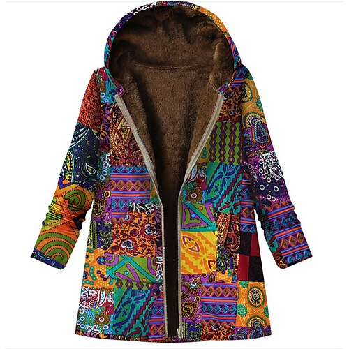 

Women's Plus Size Winter Jacket Fleece Jacket Pocket Print Floral Holiday Vacation Long Sleeve Hooded Regular Winter Fall Black Blue Wine L XL XXL 3XL 4XL